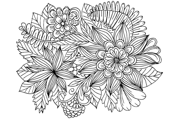 Dibujo a mano alzada de flores y hojas en blanco y negro Dibujo vectorial para un libro para colorear