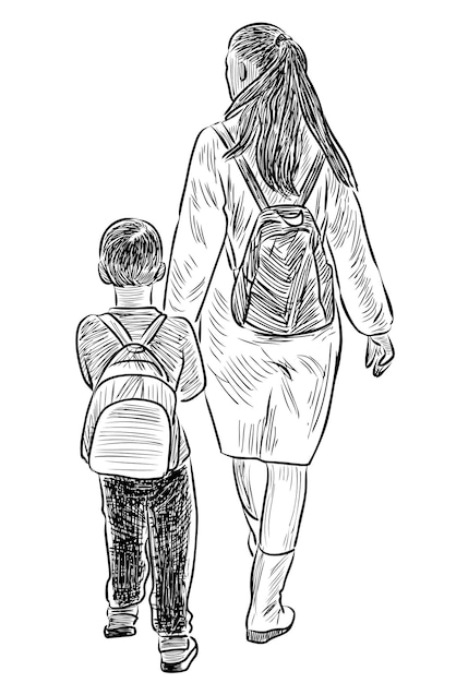 Dibujo a mano alzada de la madre y su hijo pequeño caminando al aire libre