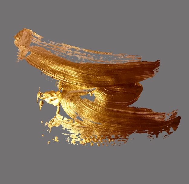 Dibujo a mano alzada, mancha de pintura de trazo de pincel dorado sobre un fondo gris, ilustración vectorial hecha a mano