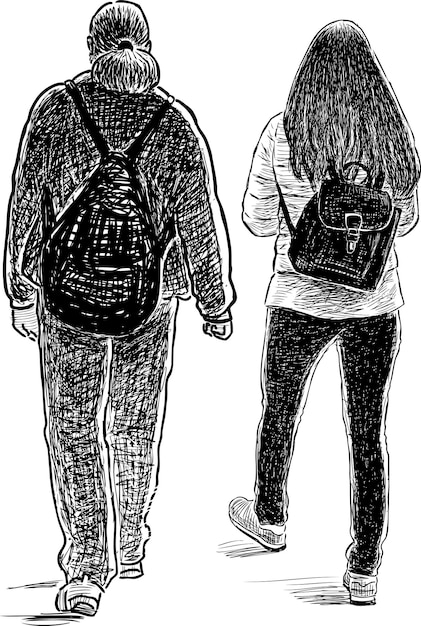 Vector dibujo a mano alzada de una pareja de jóvenes ciudadanos modernos caminando por un paseo