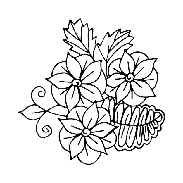 Dibujo a mano arreglo floral garabato o boceto estilo postal cartel libro para colorear página