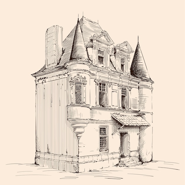 Dibujo a mano en beige. Antigua casa de ladrillo con techo de tejas de estilo europeo.