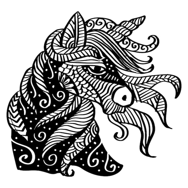 Dibujo a mano de cabeza de caballo en estilo zentangle