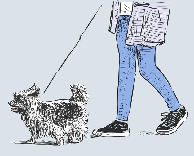 Dibujo a mano de ciudadano con perro faldero caminando al aire libre