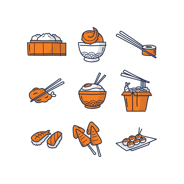 DIBUJO A MANO CON LA COLECCIÓN DE LOGOTIPO DE COMIDA JAPONESA EN COLOR DE MEDIOS TONOS