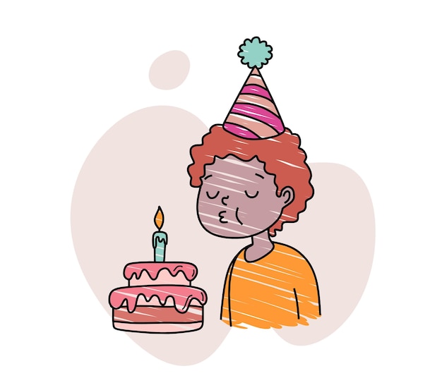 Dibujo a mano a color de un niño soplando velas de cumpleaños.