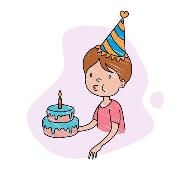 Dibujo a mano a color de un niño soplando velas de cumpleaños.