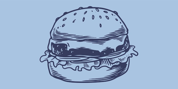 Dibujo a mano de comida rápida de una gran hamburguesa deliciosa menú de comida chatarra de restaurante de comida rápida