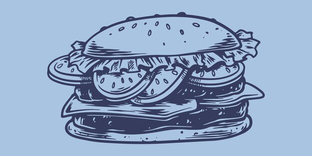 Dibujo a mano de comida rápida de una gran hamburguesa deliciosa Menú de comida chatarra de restaurante de comida rápida