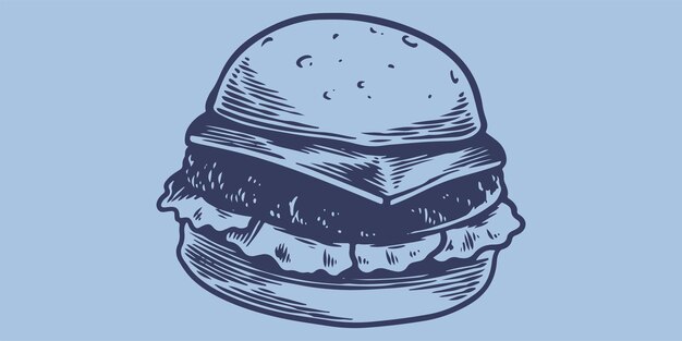 Dibujo a mano de comida rápida de una gran hamburguesa Menú de comida chatarra de un restaurante de comida rápida