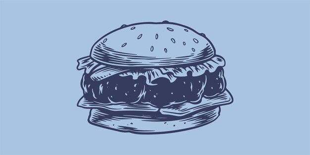 Dibujo a mano de comida rápida de una gran hamburguesa Menú de comida chatarra de un restaurante de comida rápida