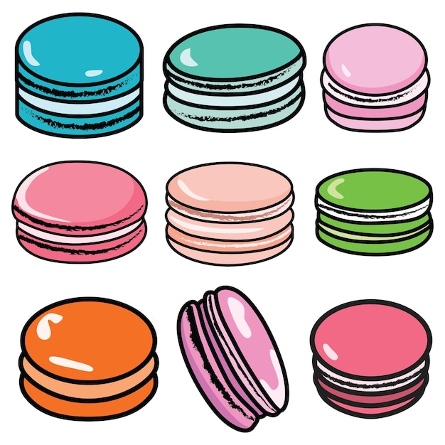 Dibujo a mano de un conjunto de macarrones con un delicioso y detallado encanto