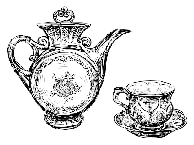 Vector dibujo a mano del contorno de una tetera de cerámica con taza de té en un platillo aislado en blanco.