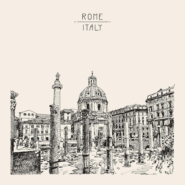 Vector dibujo a mano dibujo original del famoso paisaje urbano de roma italia, tarjeta de viaje, ilustración vectorial