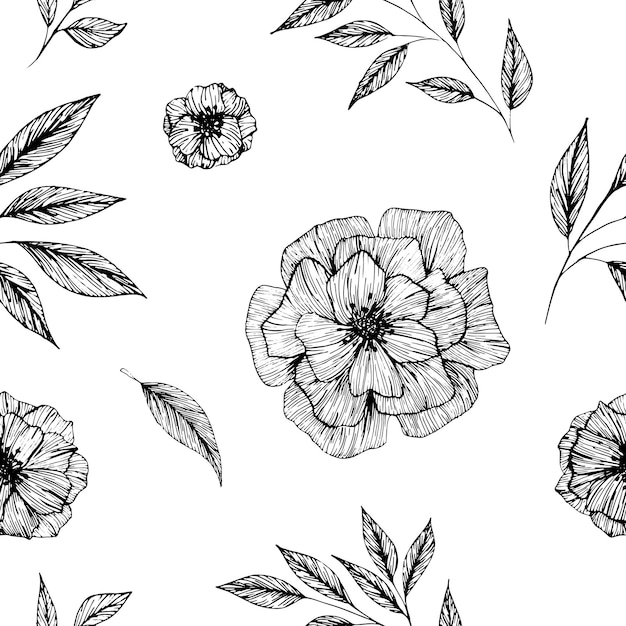 Dibujo a mano dibujo de patrones sin fisuras con vector negro y gris hojas y flores