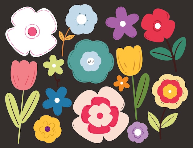 dibujo a mano de dibujos animados de flores y hojas juego de pegatinas bonito dibujo de plantas en fondo negro