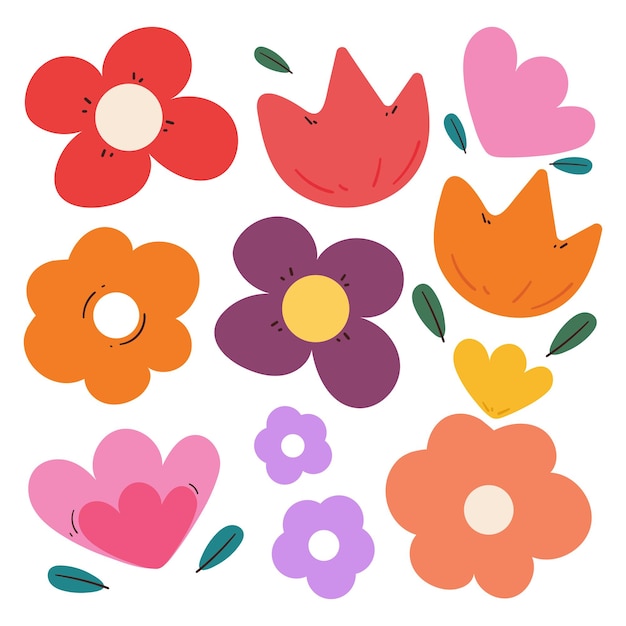 dibujo a mano de dibujos animados de flores y hojas juego de pegatinas bonito dibujo de plantas en fondo negro