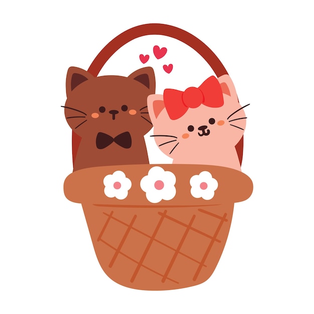 dibujo a mano de dibujos animados gato lindo dentro de una canasta pegatina de San Valentín con dibujos de animales