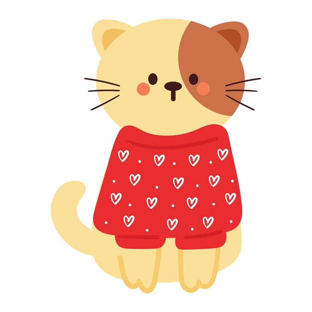 dibujo a mano de dibujos animados gato con suéter rojo animal lindo dibujo doodle para el invierno