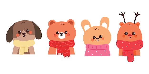dibujo a mano de dibujos animados de invierno animal pegatina conjunto animal lindo con bufanda y suéter dibujo doodle