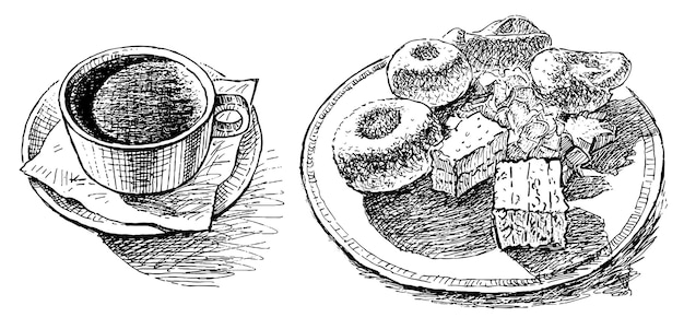Dibujo a mano de diferentes pasteles deliciosos en plato y taza de café en ilustración de vector de platillo