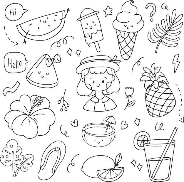 Dibujo a mano de doodle de verano de niña de helado y arte lineal de piña. Etiqueta engomada de la historieta del vector tropical en fondo blanco.