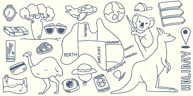 Dibujo a mano doodle viajes elementos viaje a australia con equipo turístico isla canguro avión globo mapa dinero reloj koala y gran pájaro aislado sobre fondo blanco