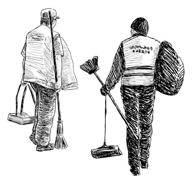Dibujo a mano de dos conserjes con escobas recogiendo bolsas de basura caminando al aire libre vector de boceto realista