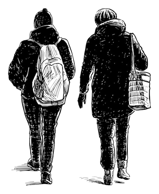 Dibujo a mano de dos mujeres de pueblos casuales caminando por la calle
