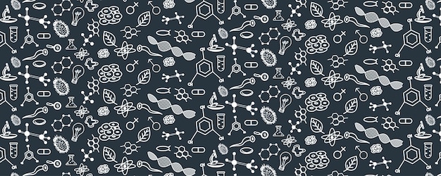 Dibujo a mano Educación de biología idea de icono de garabateo conjunto fondo azul oscuro patrón sin costuras