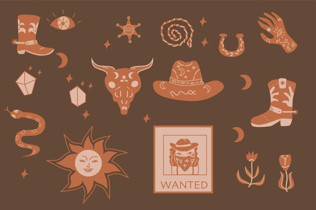 Dibujo a mano de elementos de diseño boho occidental ilustración vectorial en fondo marrón conjunto vectorial incluido