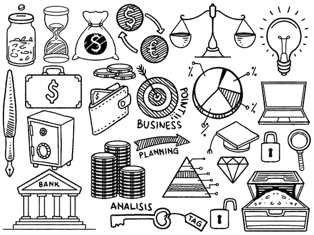 Dibujo a mano de elementos de planificación empresarial Ilustración de conceptos bancarios y financieros