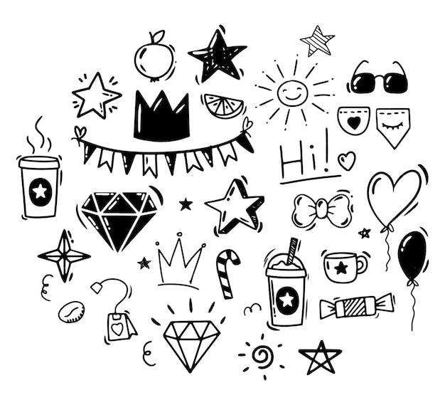 Dibujo a mano estilo Doodle Dibujos en blanco y negro de cumpleaños de vacaciones Vector aislado