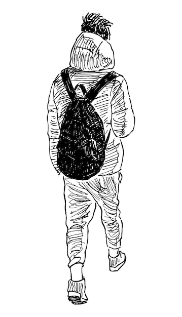 Dibujo a mano de un estudiante adolescente caminando solo por la calle