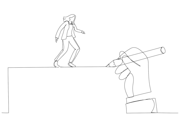 El dibujo de una mano gigante dibuja un camino para que el hombre de negocios camine Estilo de arte de una sola línea