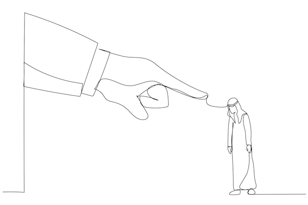 Dibujo de una mano gigante enojada señala con el dedo a un empleado de negocios árabe Metáfora para la reducción o el despido del trabajo Estilo de arte de una sola línea
