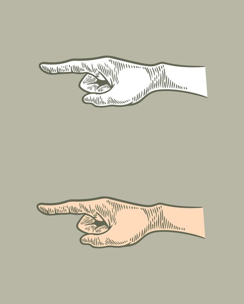 Dibujo a mano grabado mano apuntando aislado sobre fondo gris