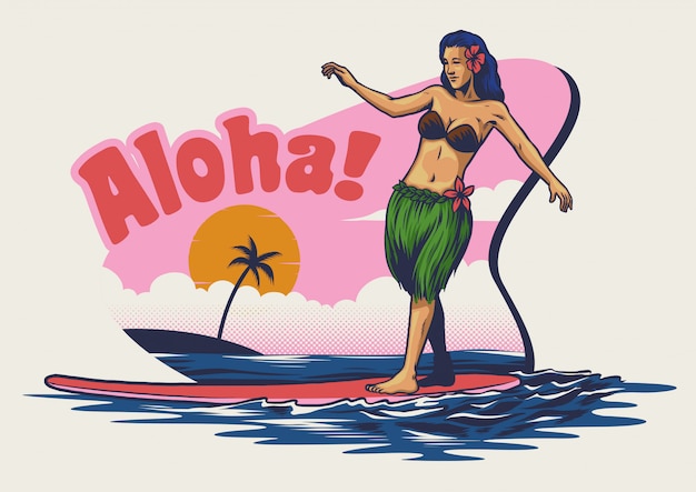 Vector dibujo a mano hawaiana niña surfeando