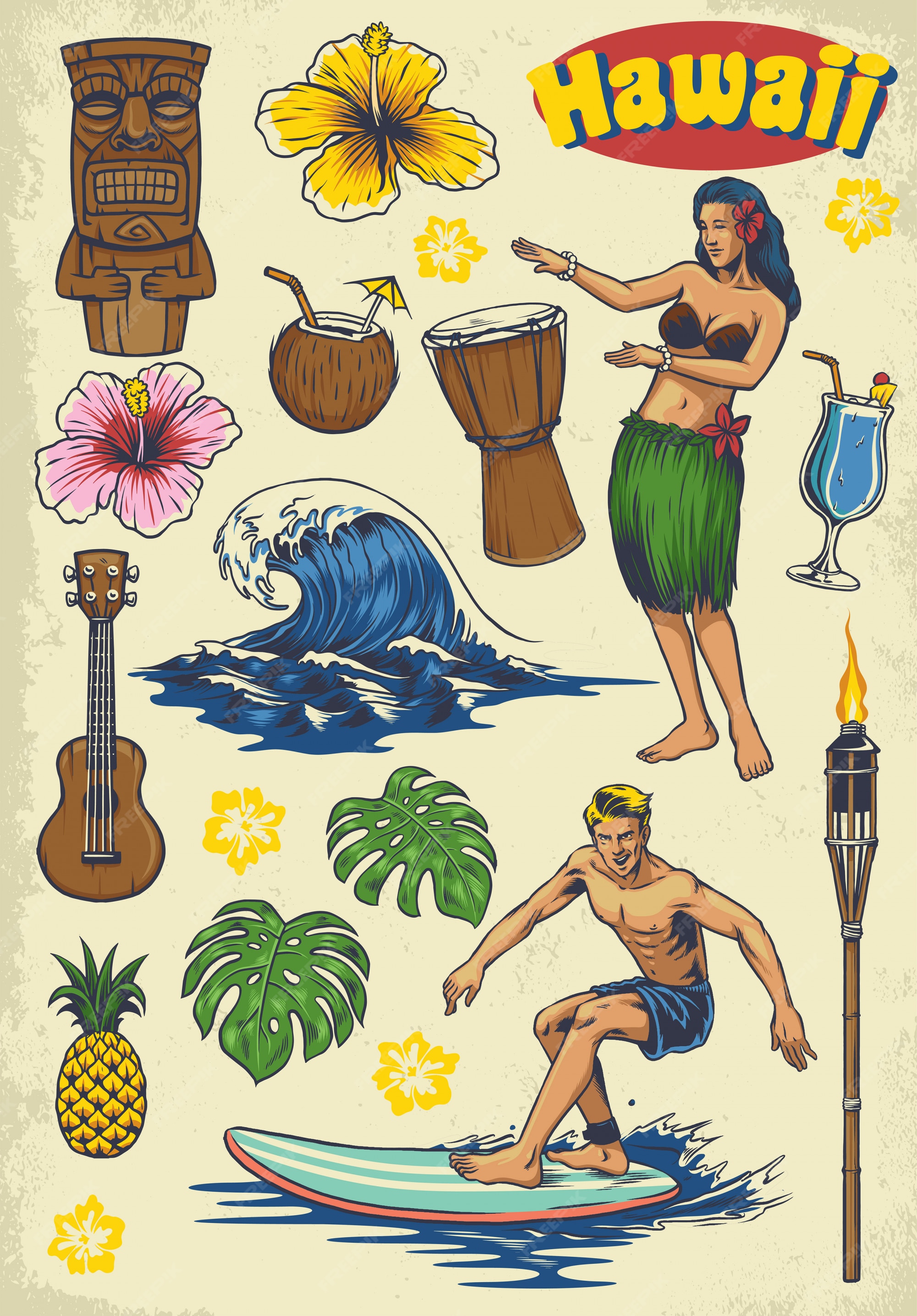 Dibujo a mano hawaii conjunto retro | Vector Premium