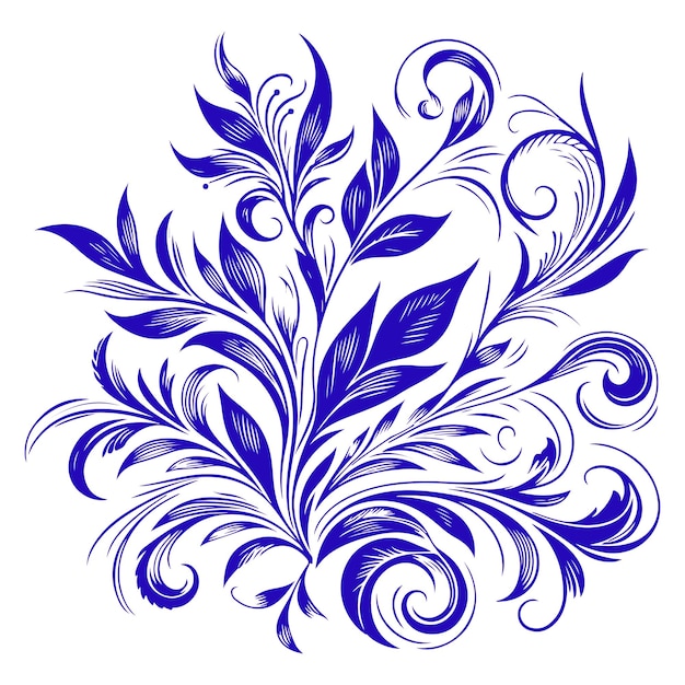 dibujo a mano de un hermoso adorno floral hojas azules contorno hoja de flor