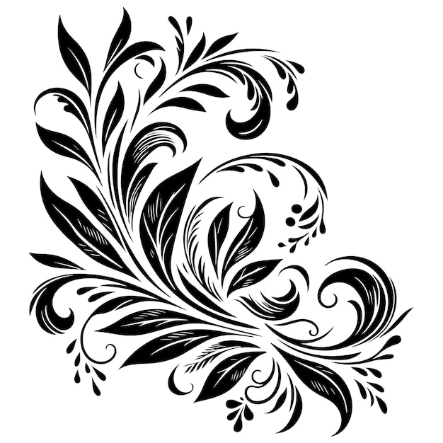 Vector dibujo a mano de un hermoso adorno floral con hojas y líneas negras abstractas monocromático contorno floral diseño elemento vectorial