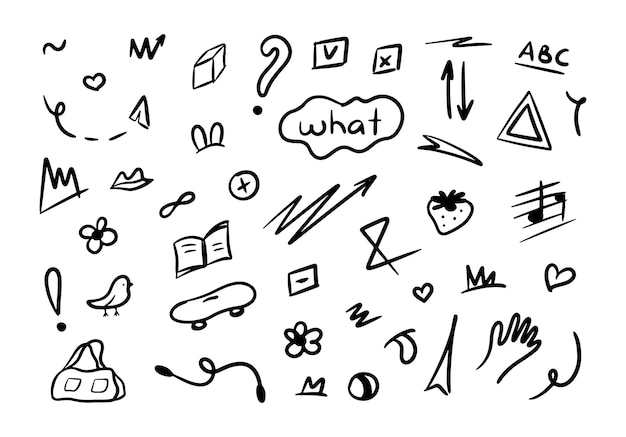 El dibujo a mano del icono del niño es un boceto de elementos lindos, una flor, un corazón, una letra, una flecha, una línea, una nube, infantil.