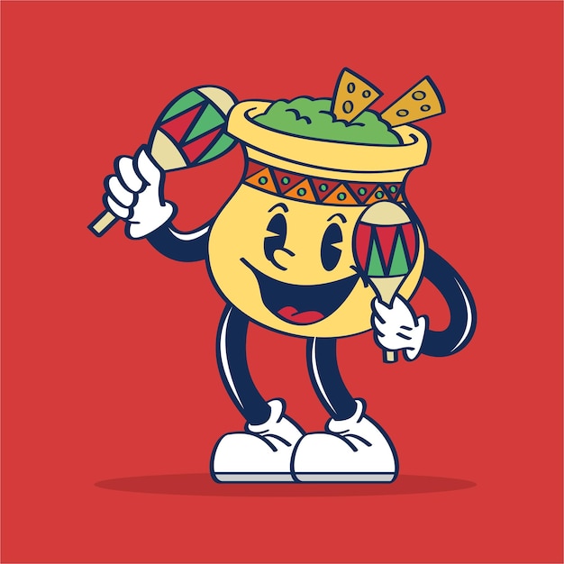 Dibujo a mano ilustración de dibujos animados de un guacamole con un sombrero y tocando las maracas