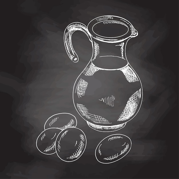 Dibujo a mano ilustración de jarra de agua o leche y huevos de gallina, Ilustración de pizarra