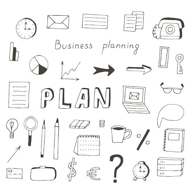 Dibujo de mano de ilustración de vector de conjunto de planificación de negocios
