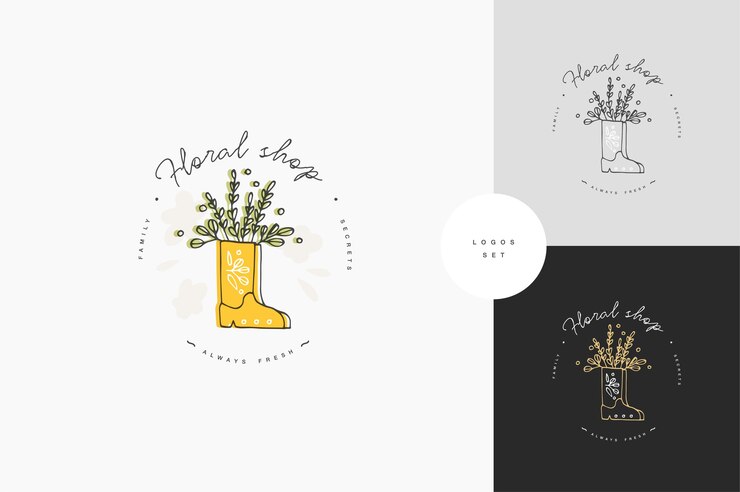 dibujo a mano logo o insignia e icono para jardinería o tienda de flores. Símbolo de colección de botas de goma amarillas con ramas verdes.