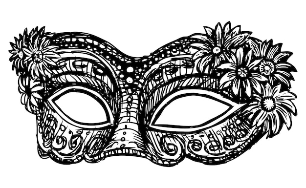 Dibujo a mano de una máscara decorativa de carnaval para una fiesta de máscaras Ilustración vectorial aislada en blanco