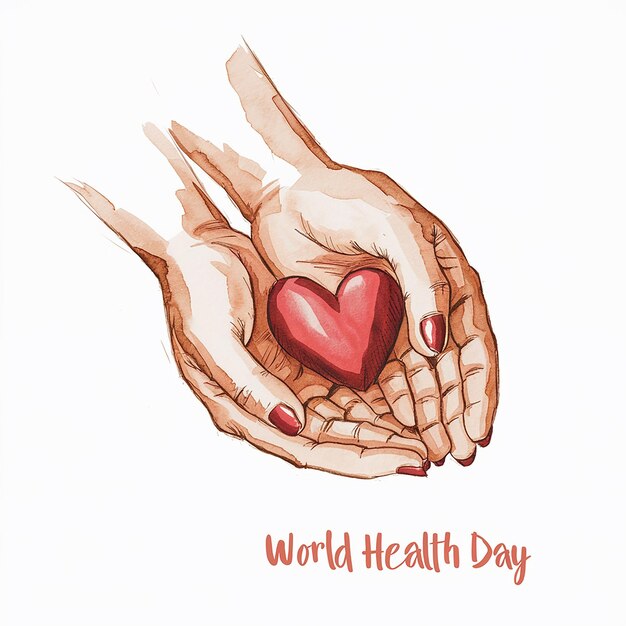 Un dibujo a mano de una mujer sosteniendo un corazón con las palabras salud mundial en rojo
