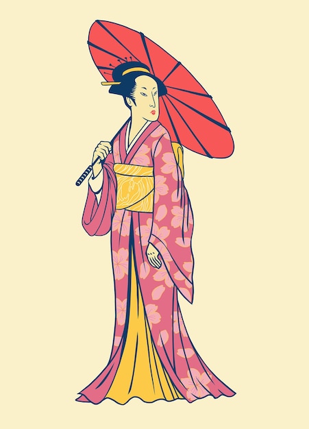 Dibujo a mano de mujeres japonesas en kimono