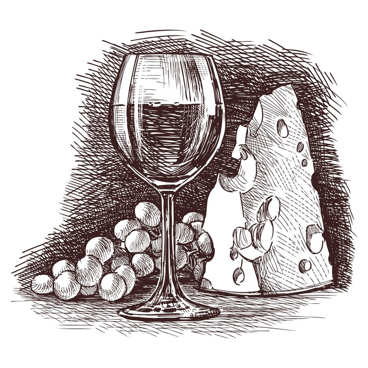 Dibujo a mano de naturaleza muerta con queso de vaso de vino y racimo de uva